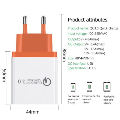 48W Quick Charger 3.0 USB Charger  3 port for mobile phone QC 3.0 Fast Wall Charger US EU UK Plug